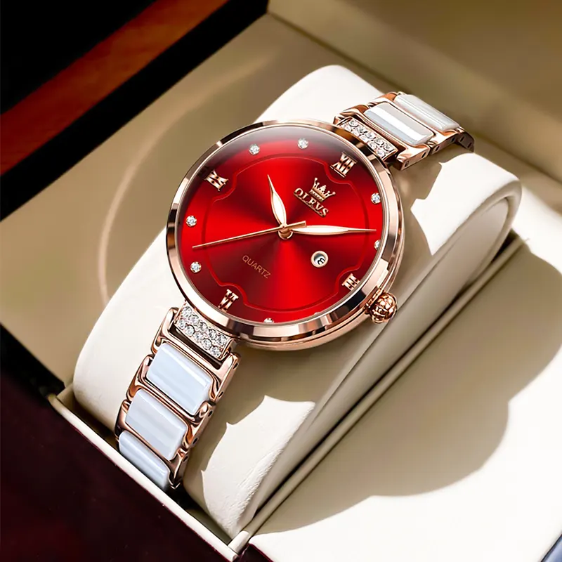 Olevs Red Dial White Ceramic Ladies Watch- 5589